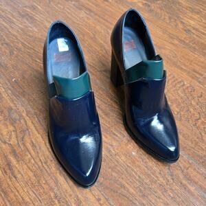 AMANDA GREGORY sz 7.5 (38) blue green two Tone High Vamp block heels Pump